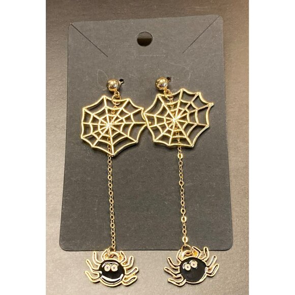 Gold Spider Web Earrings Dangling Chains -197 - Picture 2 of 2